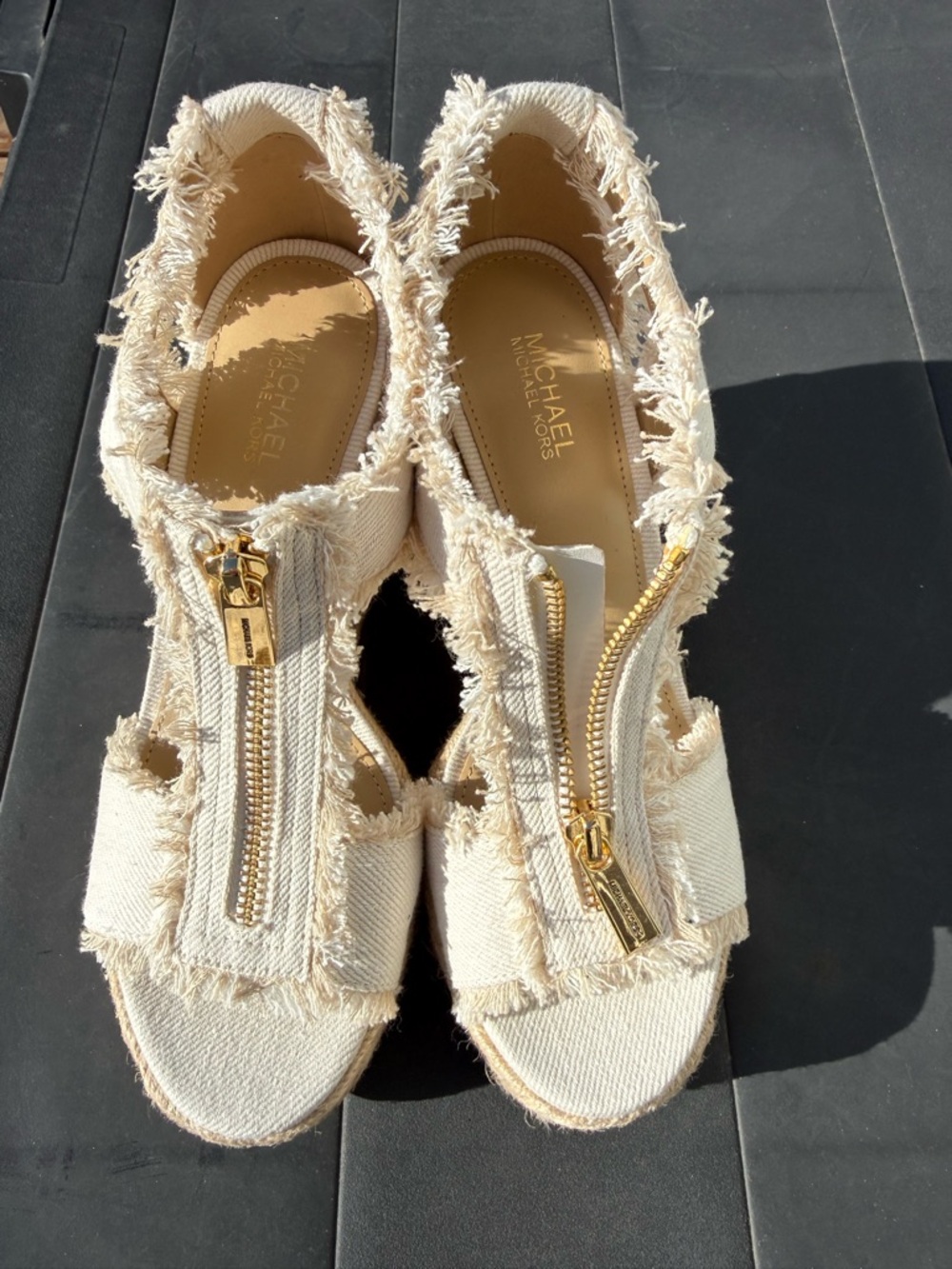 Michael Kors Cream Frayed Zip-Front Wedge Sandals - Picture 6 of 11